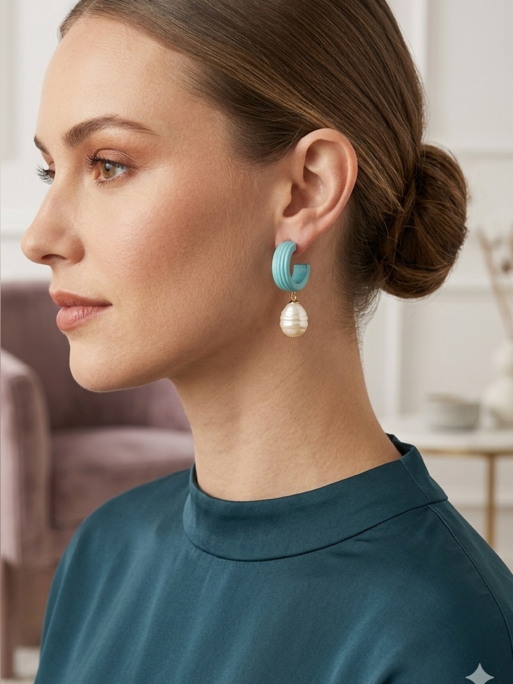 Plunder Aqua Blue Hoop Earrings with Pearl Drop NWT
